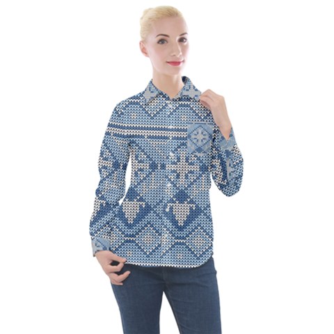 Beautiful Knitted Christmas Pattern Women s Long Sleeve Pocket Shirt by Vaneshart