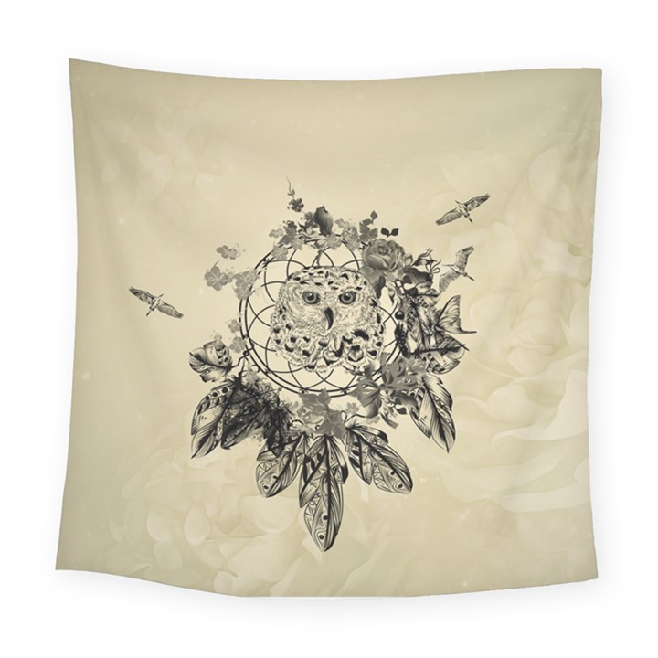 Owl On A Dreamcatcher Square Tapestry (Large)