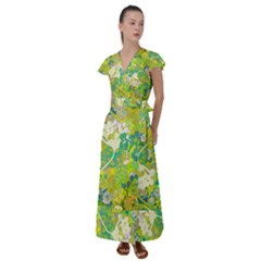 Floral 1 Abstract In Green Flutter Sleeve Maxi Dress by dressshop