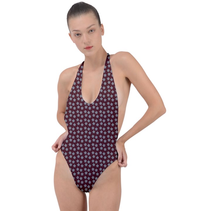 Grey Star Navy Burgundy Backless Halter One Piece Swimsuit