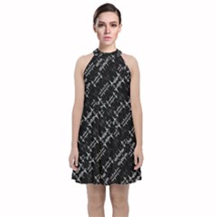 Black And White Ethnic Geometric Pattern Velvet Halter Neckline Dress 