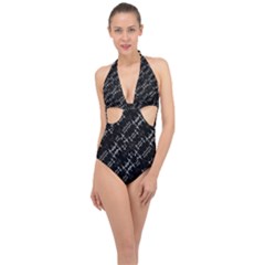 Black And White Ethnic Geometric Pattern Halter Front Plunge Swimsuit