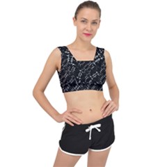 Black And White Ethnic Geometric Pattern V-back Sports Bra by dflcprintsclothing