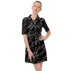 Black And White Ethnic Geometric Pattern Belted Shirt Dress by dflcprintsclothing