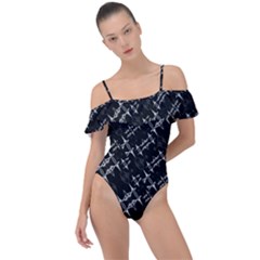 Black And White Ethnic Geometric Pattern Frill Detail One Piece Swimsuit by dflcprintsclothing