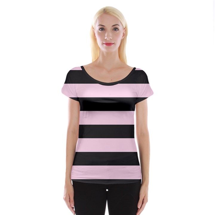 Black and Light Pastel Pink Large Stripes Goth Mime french style Cap Sleeve Top