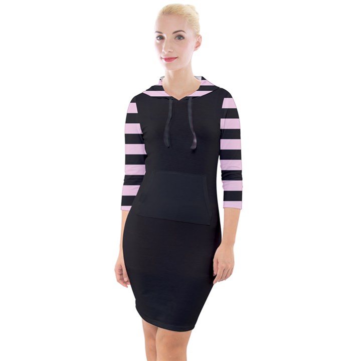 Black and Light Pastel Pink Large Stripes Goth Mime french style Quarter Sleeve Hood Bodycon Dress