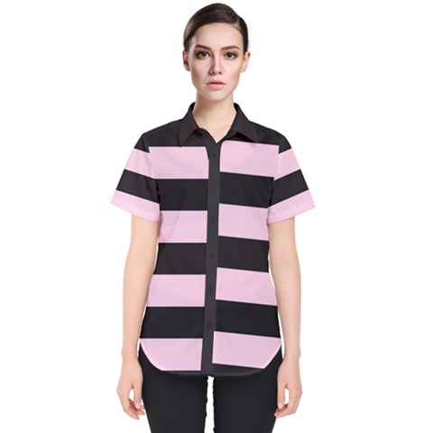 Black And Light Pastel Pink Large Stripes Goth Mime French Style Women s Short Sleeve Shirt by genx