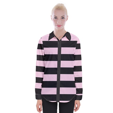 Black And Light Pastel Pink Large Stripes Goth Mime French Style Womens Long Sleeve Shirt by genx