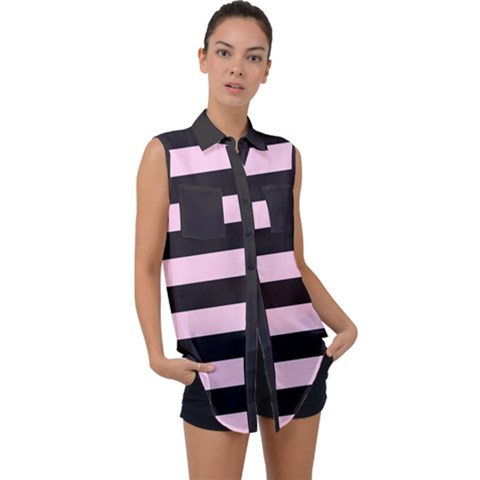 Black And Light Pastel Pink Large Stripes Goth Mime French Style Sleeveless Chiffon Button Shirt by genx