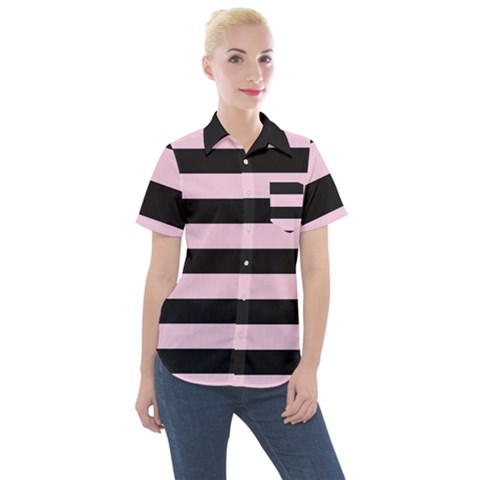 Black And Light Pastel Pink Large Stripes Goth Mime French Style Women s Short Sleeve Pocket Shirt by genx