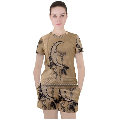 Deer On A Mooon Women s Tee And Shorts Set by FantasyWorld7