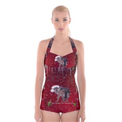 I m Ready For Christmas, Funny Wolf Boyleg Halter Swimsuit  by FantasyWorld7