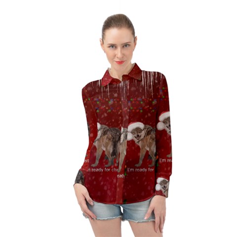 I m Ready For Christmas, Funny Wolf Long Sleeve Chiffon Shirt by FantasyWorld7