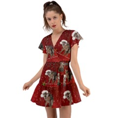 I m Ready For Christmas, Funny Wolf Flutter Sleeve Wrap Dress by FantasyWorld7