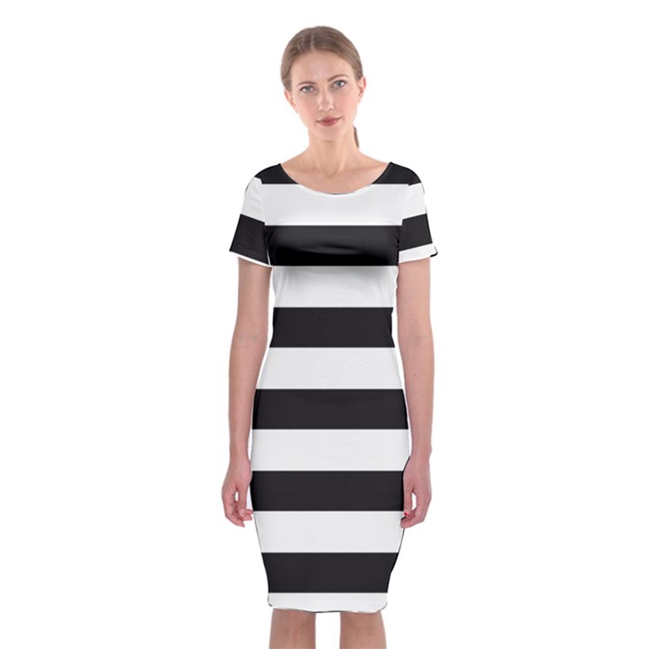 Black and White Large Stripes Goth Mime french style Classic Short Sleeve Midi Dress