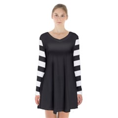 Black And White Large Stripes Goth Mime French Style Long Sleeve Velvet V-neck Dress by genx