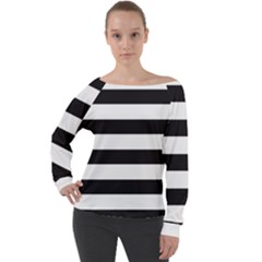 Black And White Large Stripes Goth Mime French Style Off Shoulder Long Sleeve Velour Top