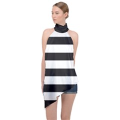 Black And White Large Stripes Goth Mime French Style Halter Asymmetric Satin Top by genx