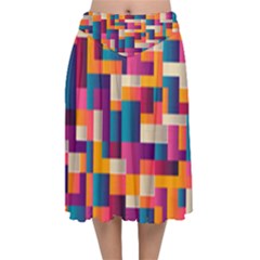 Abstract Geometry Blocks Velvet Flared Midi Skirt