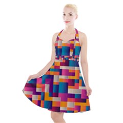 Abstract Geometry Blocks Halter Party Swing Dress  by Bajindul