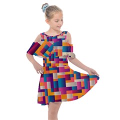 Abstract Geometry Blocks Kids  Shoulder Cutout Chiffon Dress