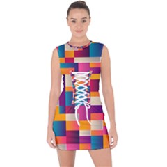 Abstract Geometry Blocks Lace Up Front Bodycon Dress