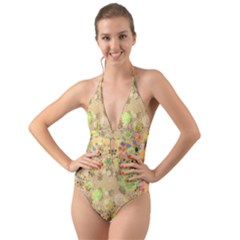 Flowers Color Colorful Watercolour Halter Cut-out One Piece Swimsuit