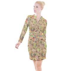 Flowers Color Colorful Watercolour Button Long Sleeve Dress