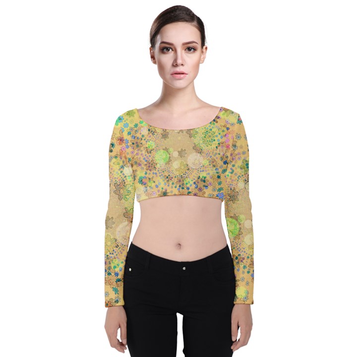 Flowers Color Colorful Watercolour Velvet Long Sleeve Crop Top