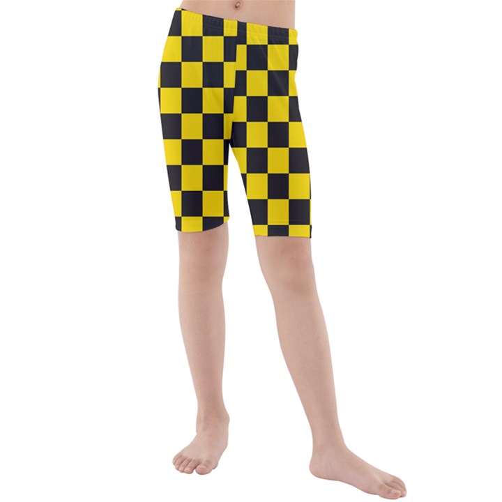 Checkerboard Pattern Black and Yellow Ancap Libertarian Kids  Mid Length Swim Shorts