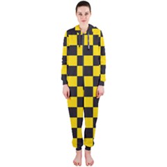 Checkerboard Pattern Black And Yellow Ancap Libertarian Hooded Jumpsuit (ladies)  by snek