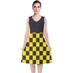 Checkerboard Pattern Black And Yellow Ancap Libertarian V-neck Midi Sleeveless Dress  by snek