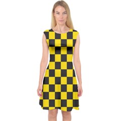 Checkerboard Pattern Black And Yellow Ancap Libertarian Capsleeve Midi Dress by snek