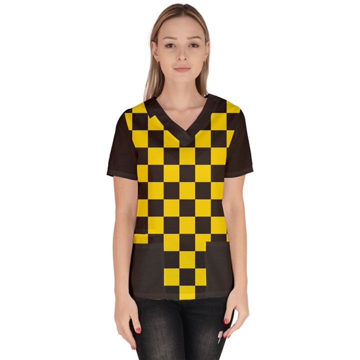 Checkerboard Pattern Black and Yellow Ancap Libertarian Women s V-Neck Scrub Top