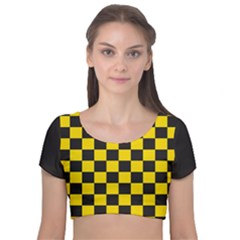 Checkerboard Pattern Black And Yellow Ancap Libertarian Velvet Short Sleeve Crop Top  by snek