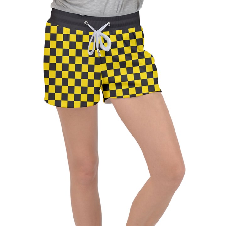 Checkerboard Pattern Black and Yellow Ancap Libertarian Women s Velour Lounge Shorts