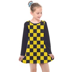 Checkerboard Pattern Black And Yellow Ancap Libertarian Kids  Long Sleeve Dress by snek