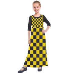 Checkerboard Pattern Black And Yellow Ancap Libertarian Kids  Quarter Sleeve Maxi Dress by snek