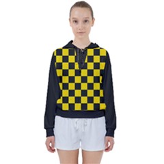 Checkerboard Pattern Black And Yellow Ancap Libertarian Women s Tie Up Sweat by snek