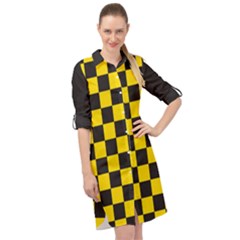 Checkerboard Pattern Black And Yellow Ancap Libertarian Long Sleeve Mini Shirt Dress by snek