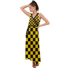 Checkerboard Pattern Black And Yellow Ancap Libertarian V-neck Chiffon Maxi Dress by snek