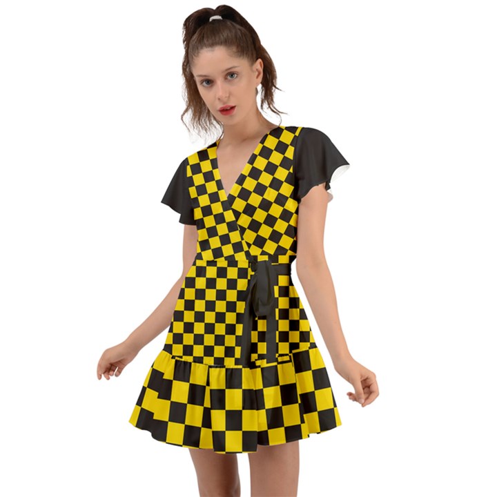 Checkerboard Pattern Black and Yellow Ancap Libertarian Flutter Sleeve Wrap Dress