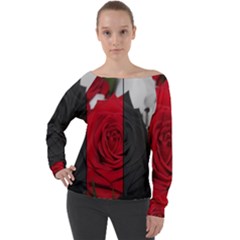 Roses Rouge Fleurs Off Shoulder Long Sleeve Velour Top