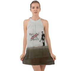 Banksy Graffiti Original Quote Follow Your Dreams Cancelled Cynical With Painter Halter Tie Back Chiffon Dress by snek