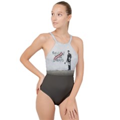 Banksy Graffiti Original Quote Follow Your Dreams Cancelled Cynical With Painter High Neck One Piece Swimsuit by snek