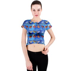 Fish Stamp 2 Crew Neck Crop Top by ArtworkByPatrick