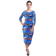 Fish Stamp 2 Quarter Sleeve Midi Velour Bodycon Dress by ArtworkByPatrick