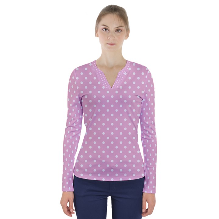 Pois Blanc/Rose V-Neck Long Sleeve Top