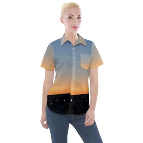 Photo Coucher Du Soleil Bleu/orange Women s Short Sleeve Pocket Shirt by kcreatif